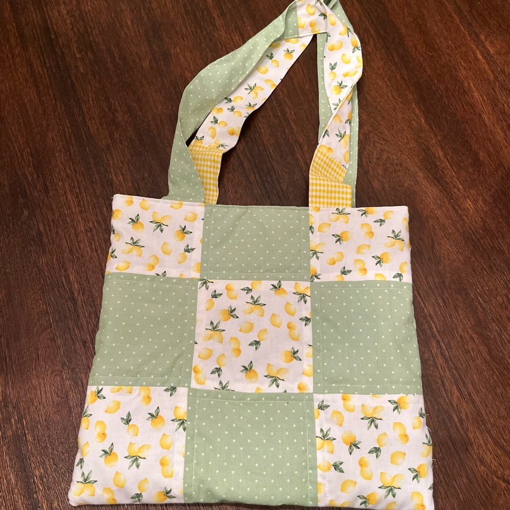 Lemon Print Patchwork Tote Bag - Green and Yellow
